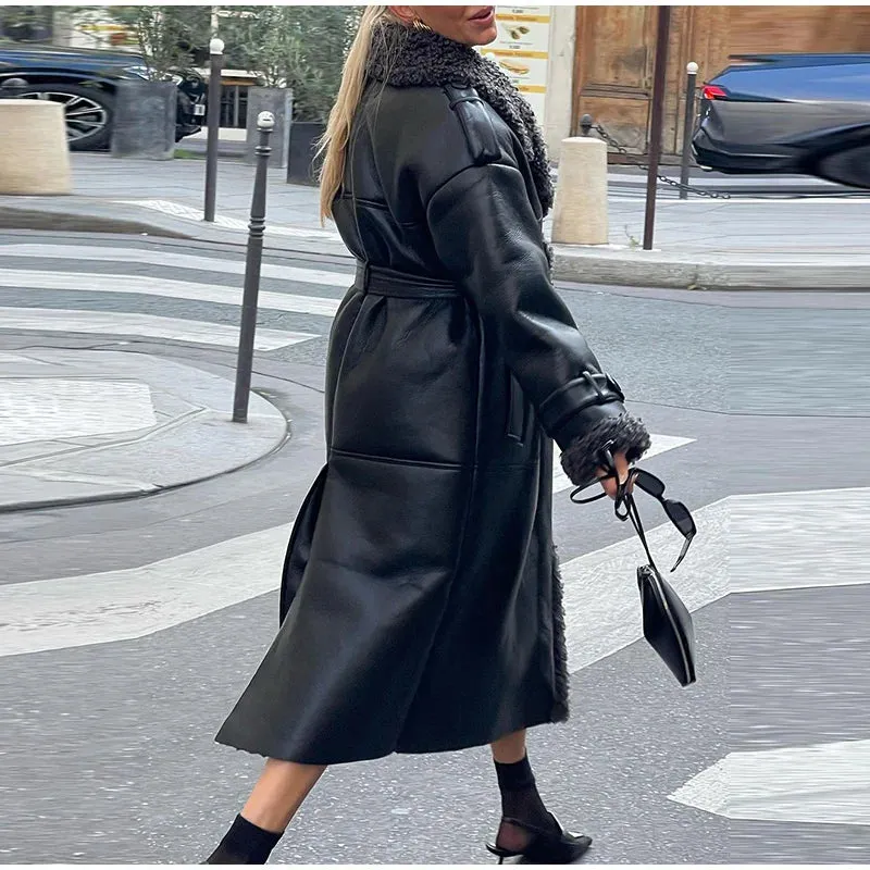 Grace - Leather Lamb Wool Coat with Belt