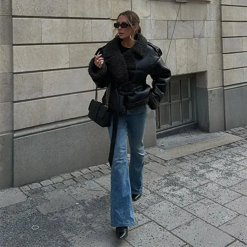 Grace - Leather Lamb Wool Coat with Belt