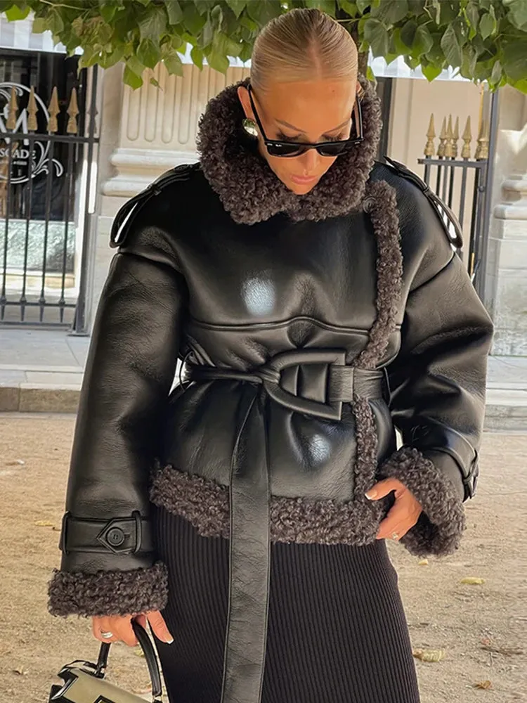 Grace - Leather Lamb Wool Coat with Belt