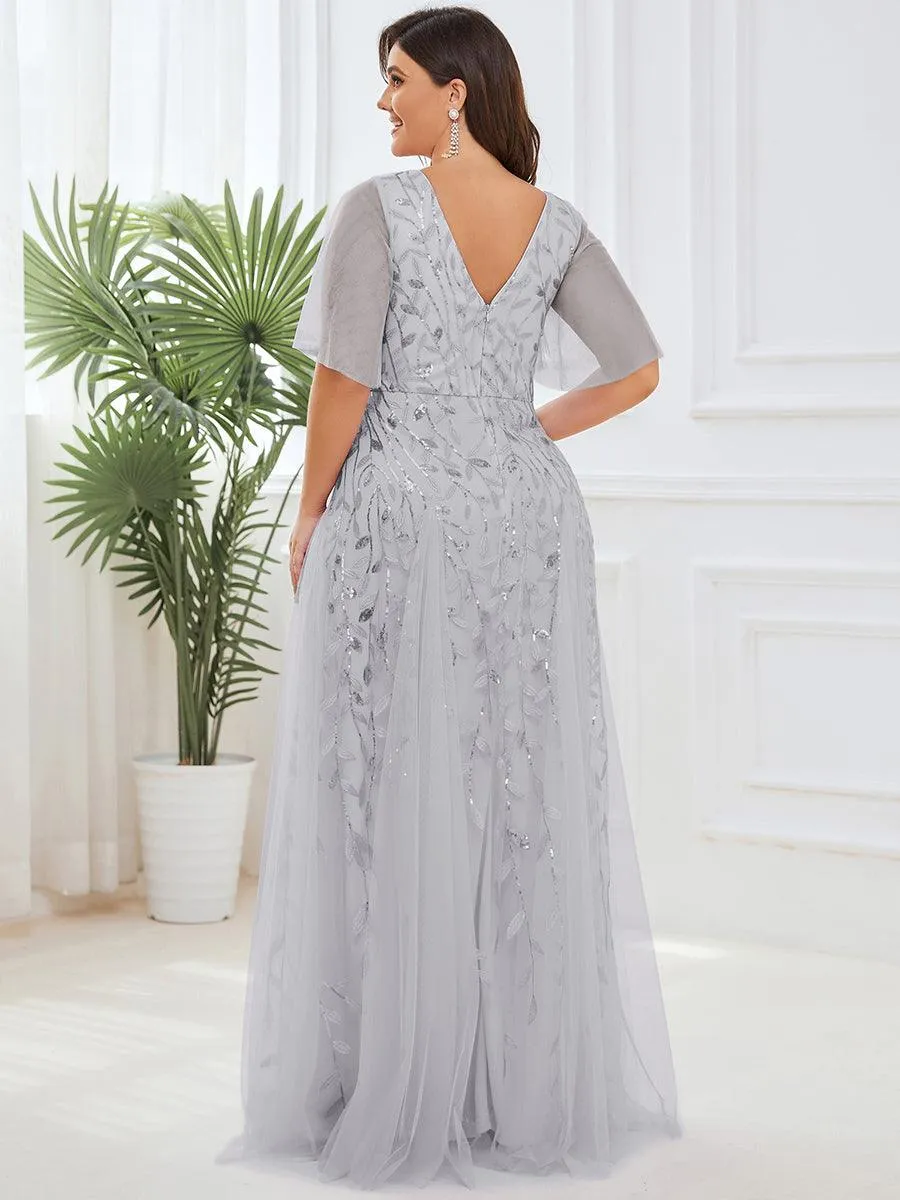 Grande Taille Robe de Soirée Romantique Scintillante à col en V et Manches à Volants