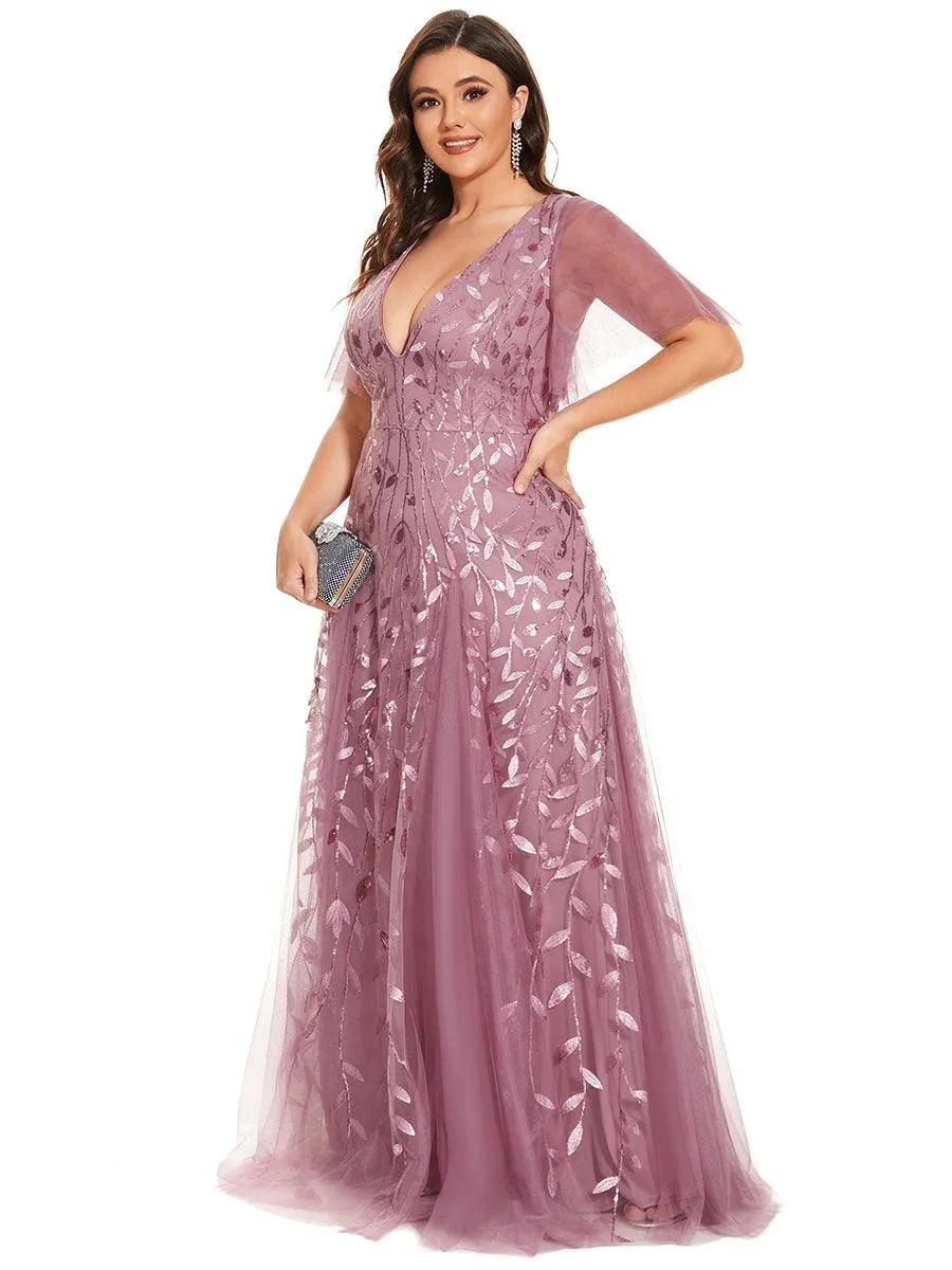 Grande Taille Robe de Soirée Romantique Scintillante à col en V et Manches à Volants