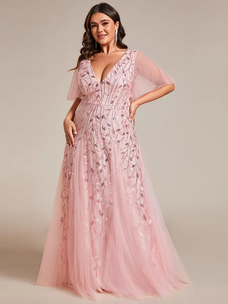 Grande Taille Robe de Soirée Romantique Scintillante à col en V et Manches à Volants