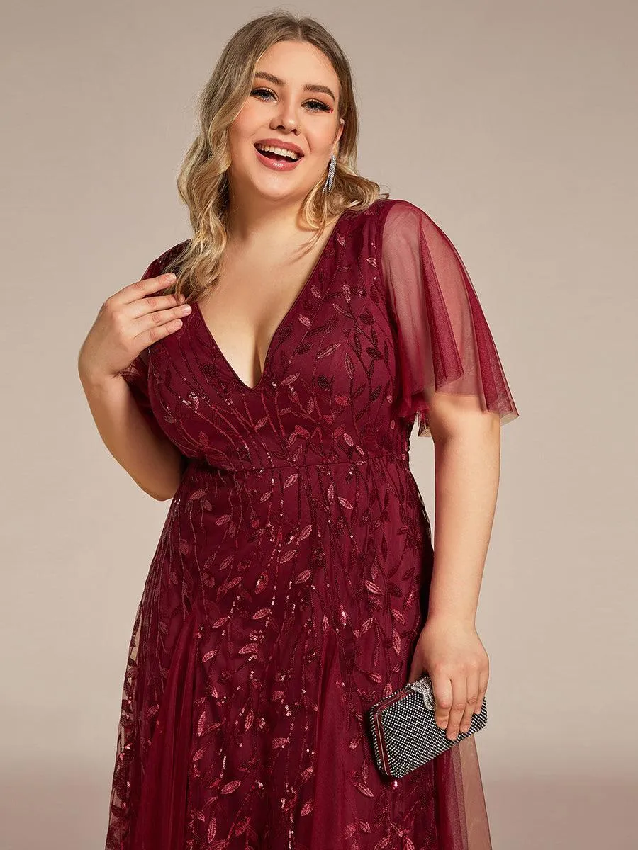 Grande Taille Robe de Soirée Romantique Scintillante à col en V et Manches à Volants