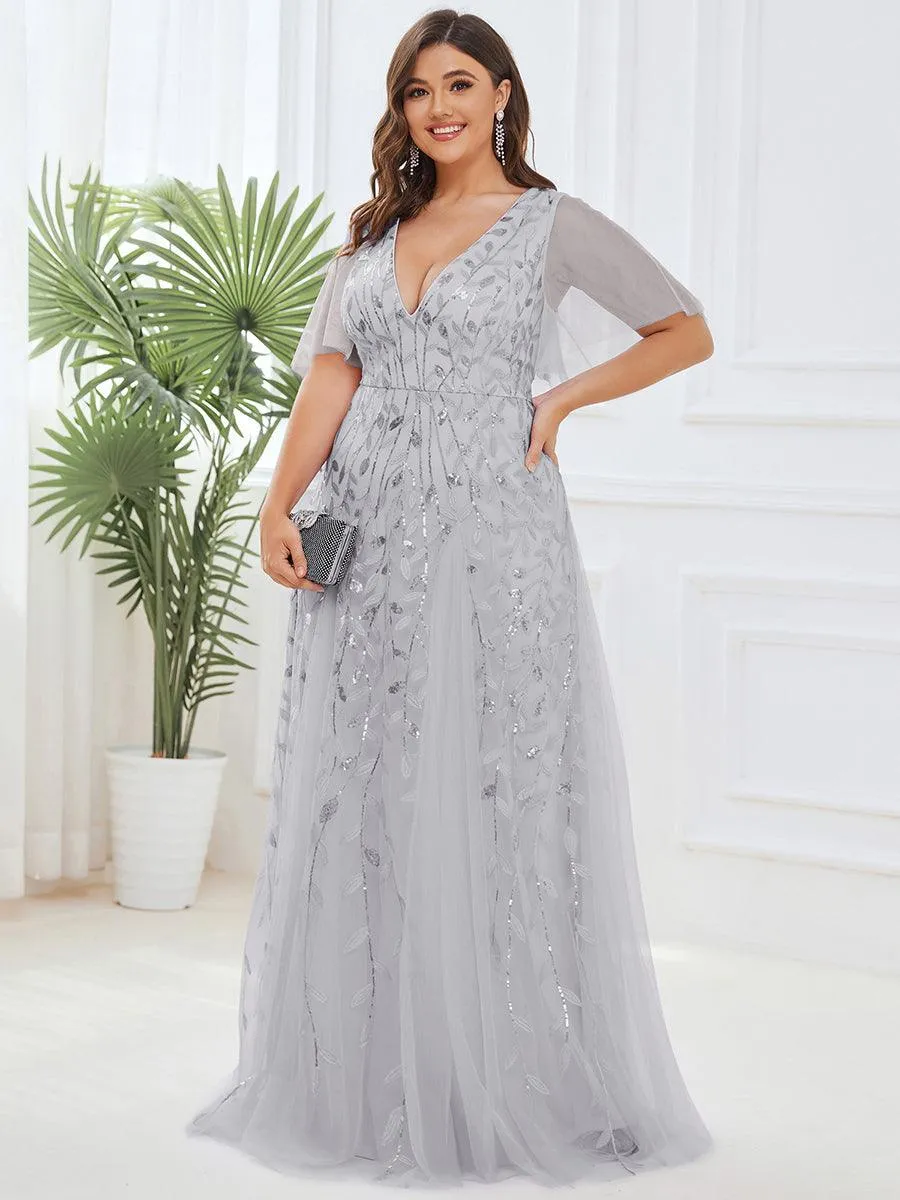 Grande Taille Robe de Soirée Romantique Scintillante à col en V et Manches à Volants