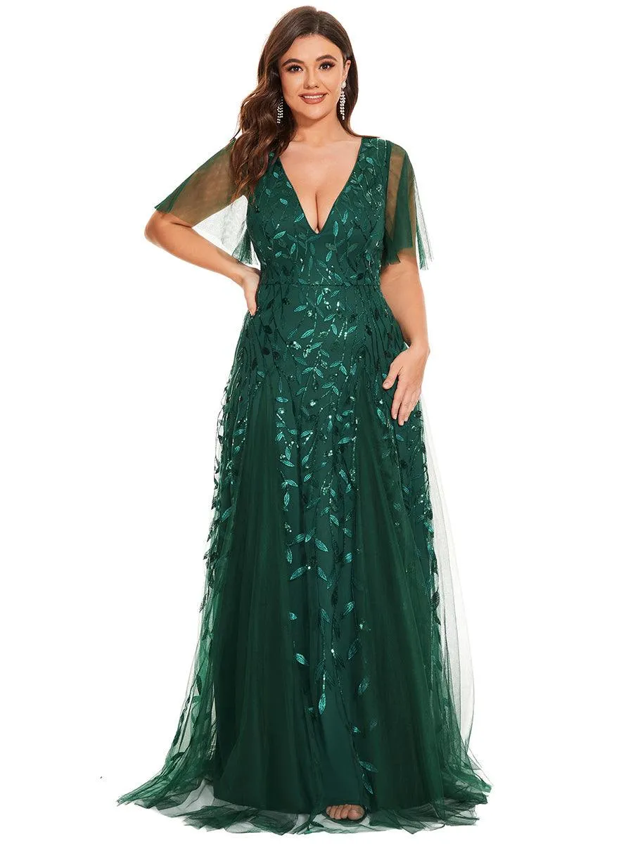 Grande Taille Robe de Soirée Romantique Scintillante à col en V et Manches à Volants