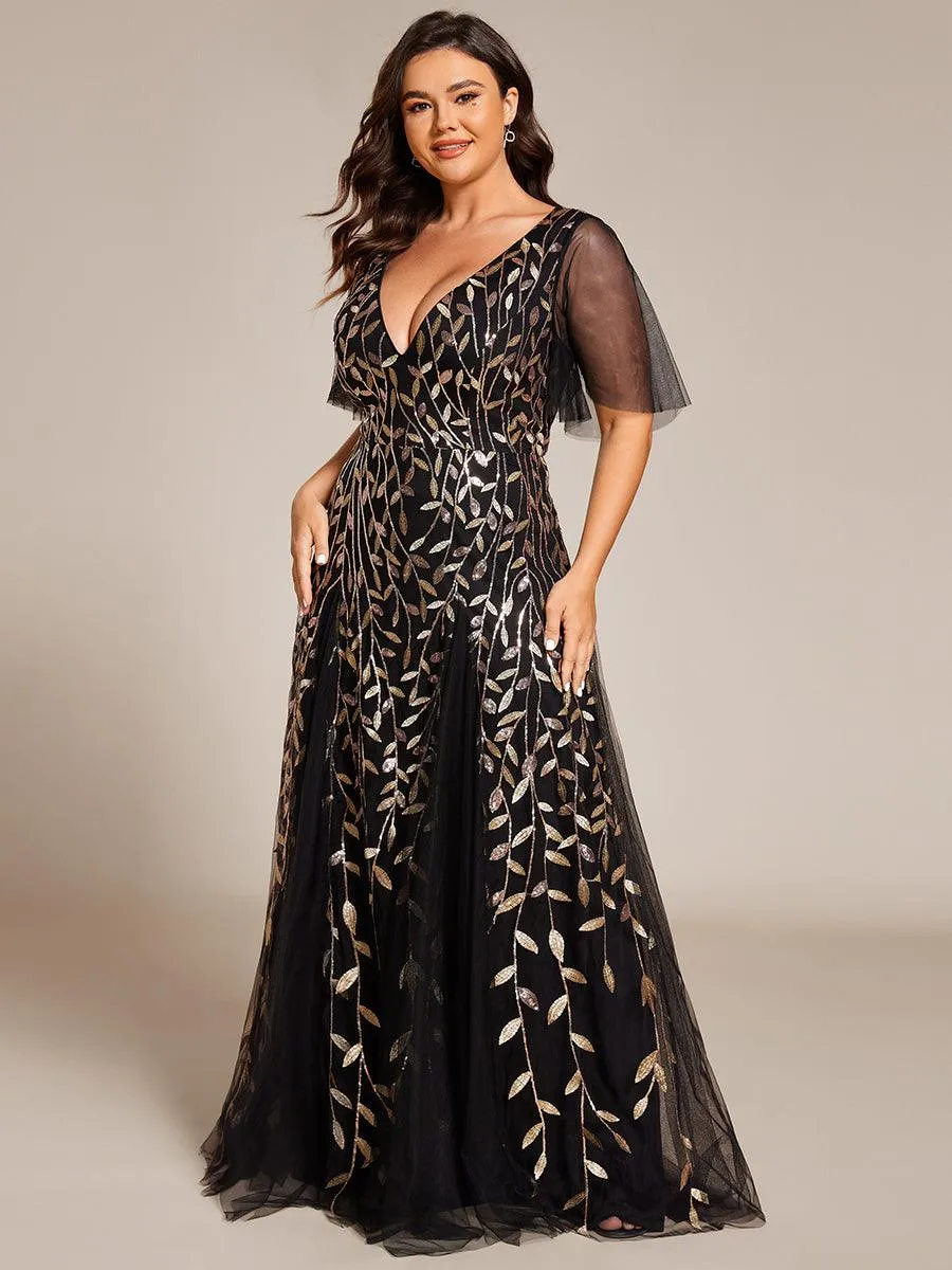 Grande Taille Robe de Soirée Romantique Scintillante à col en V et Manches à Volants