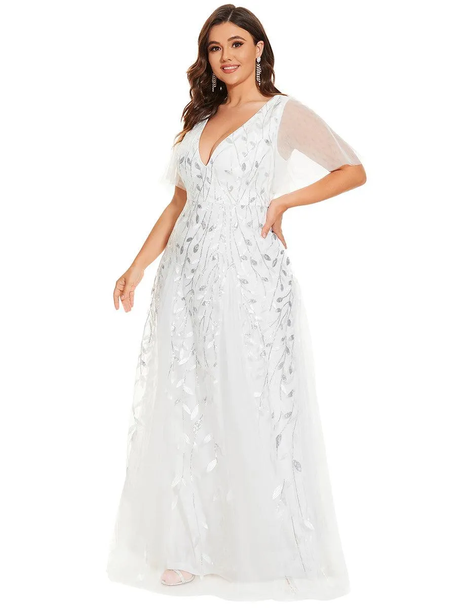 Grande Taille Robe de Soirée Romantique Scintillante à col en V et Manches à Volants