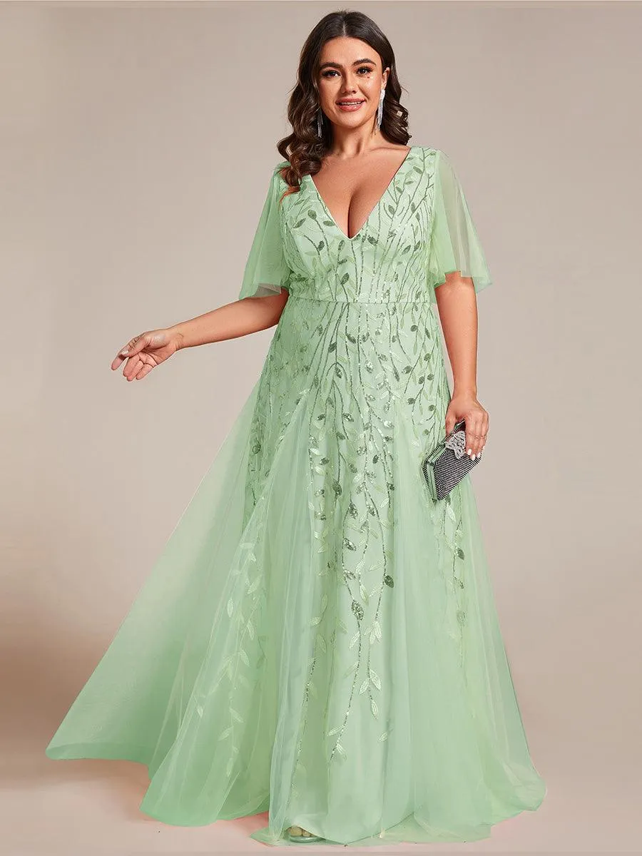 Grande Taille Robe de Soirée Romantique Scintillante à col en V et Manches à Volants