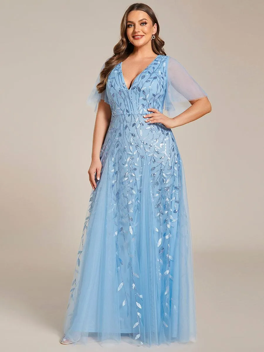 Grande Taille Robe de Soirée Romantique Scintillante à col en V et Manches à Volants