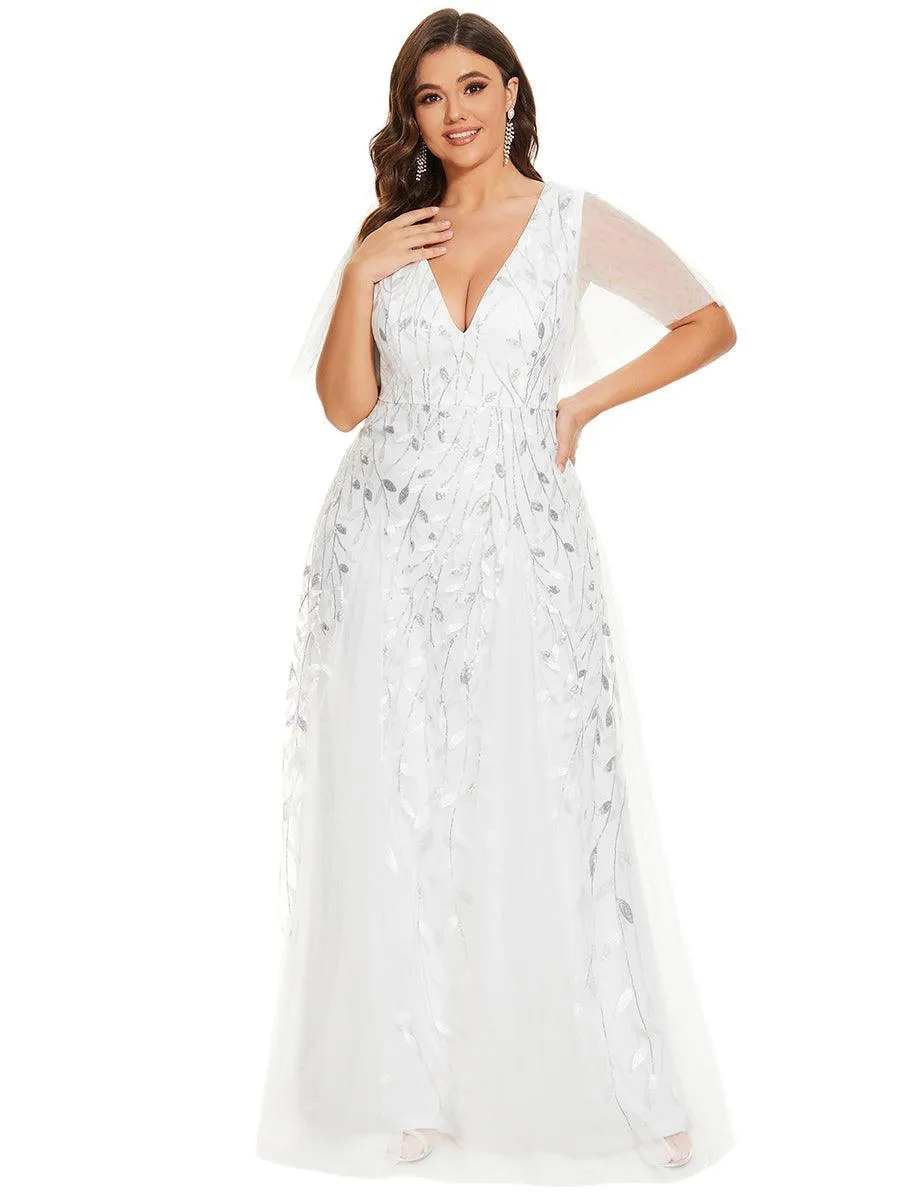 Grande Taille Robe de Soirée Romantique Scintillante à col en V et Manches à Volants