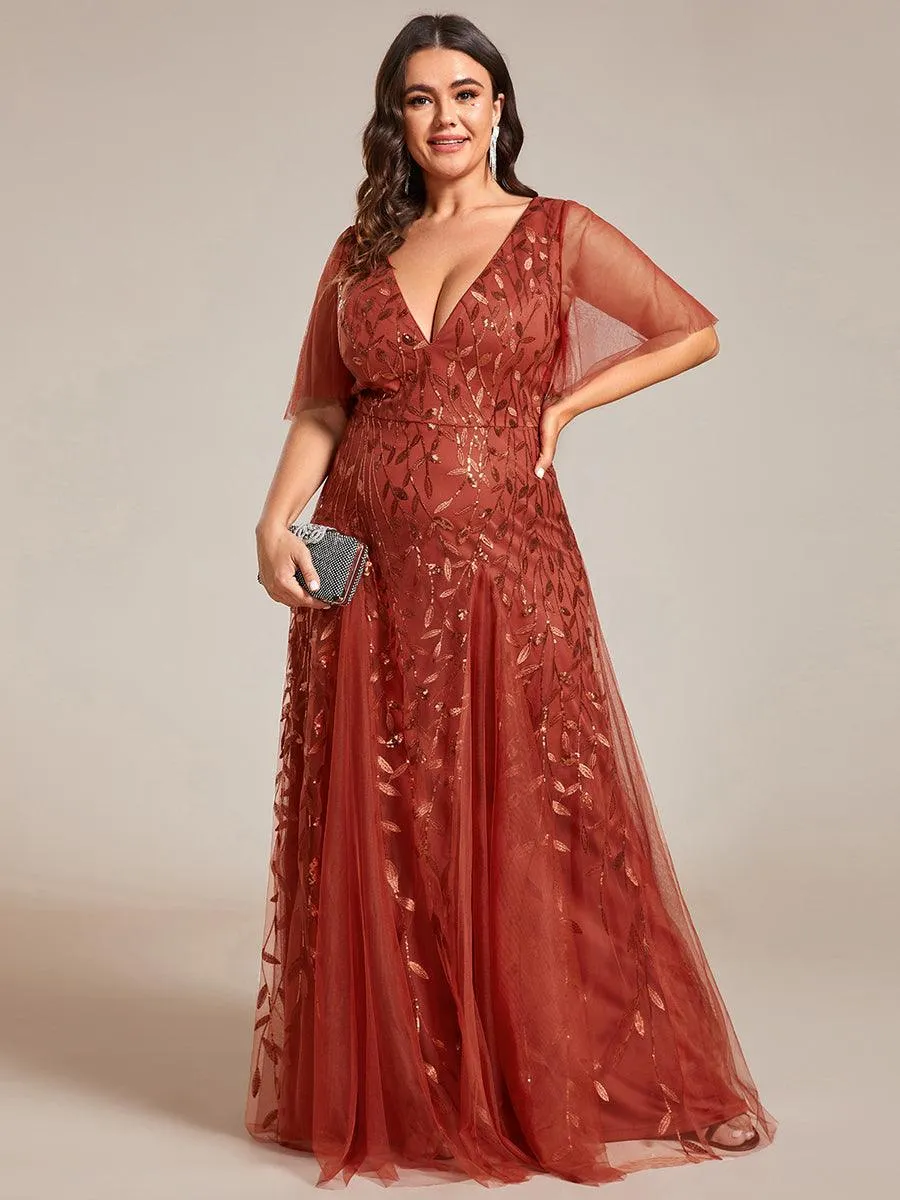 Grande Taille Robe de Soirée Romantique Scintillante à col en V et Manches à Volants