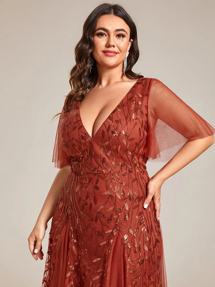 Grande Taille Robe de Soirée Romantique Scintillante à col en V et Manches à Volants