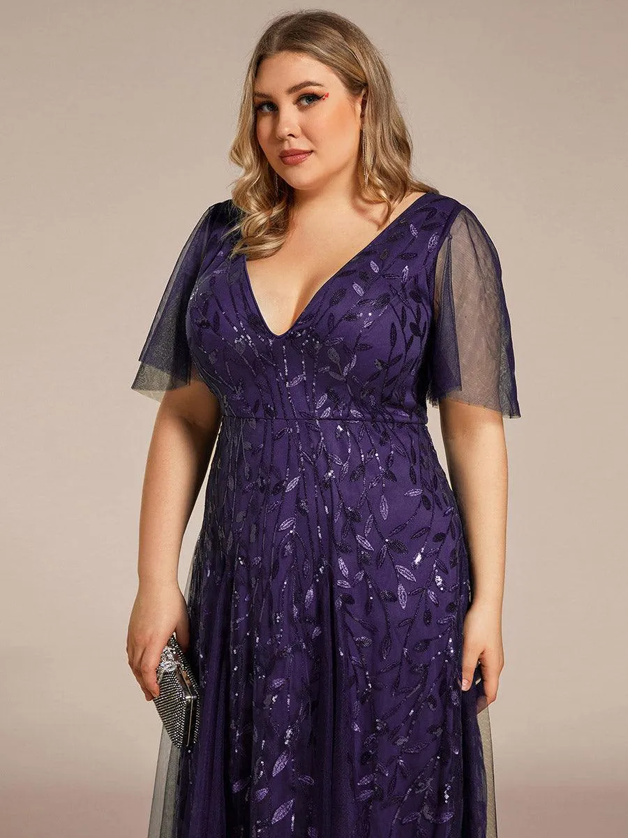 Grande Taille Robe de Soirée Romantique Scintillante à col en V et Manches à Volants
