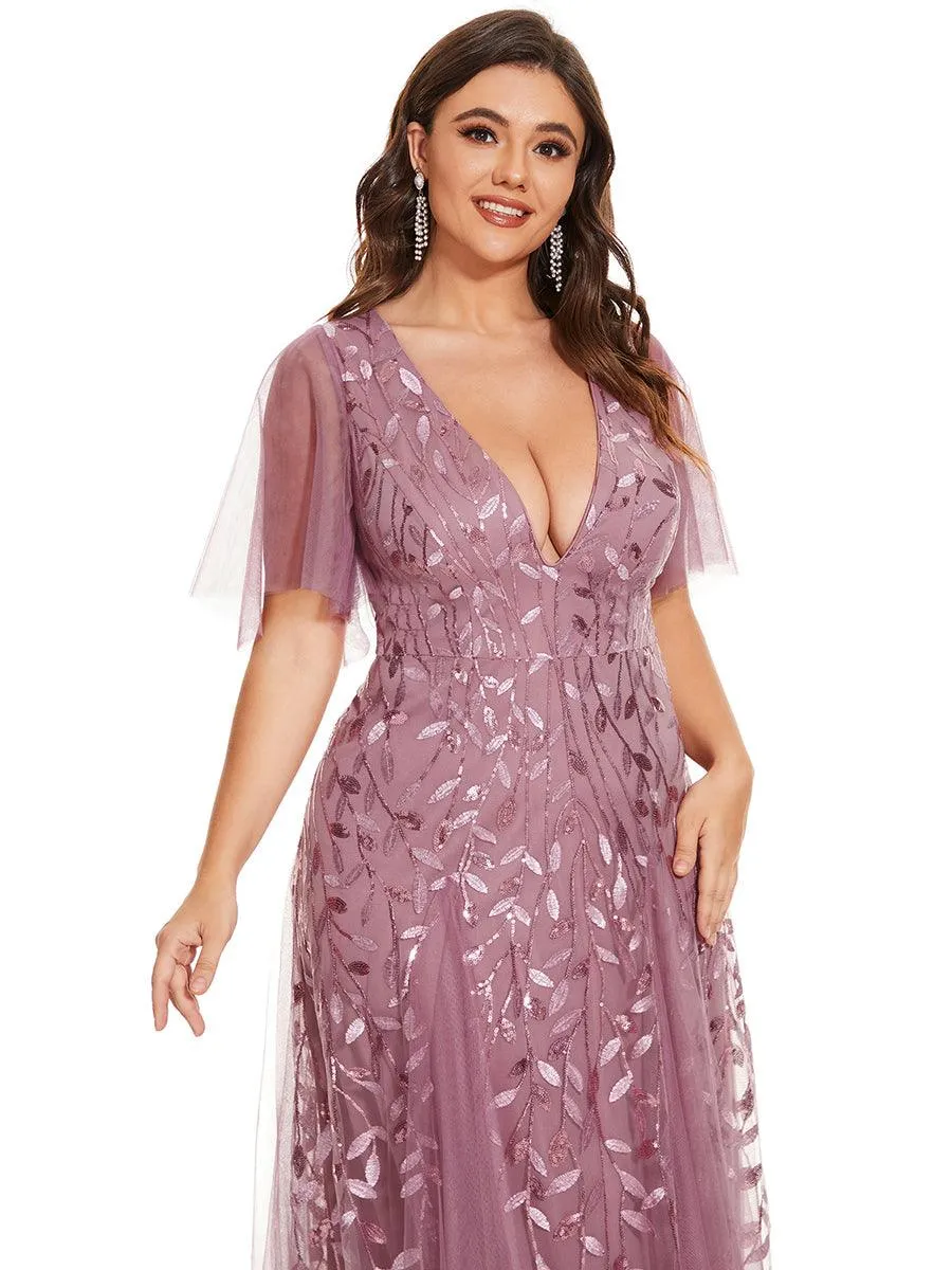 Grande Taille Robe de Soirée Romantique Scintillante à col en V et Manches à Volants