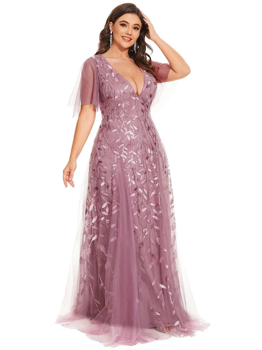 Grande Taille Robe de Soirée Romantique Scintillante à col en V et Manches à Volants