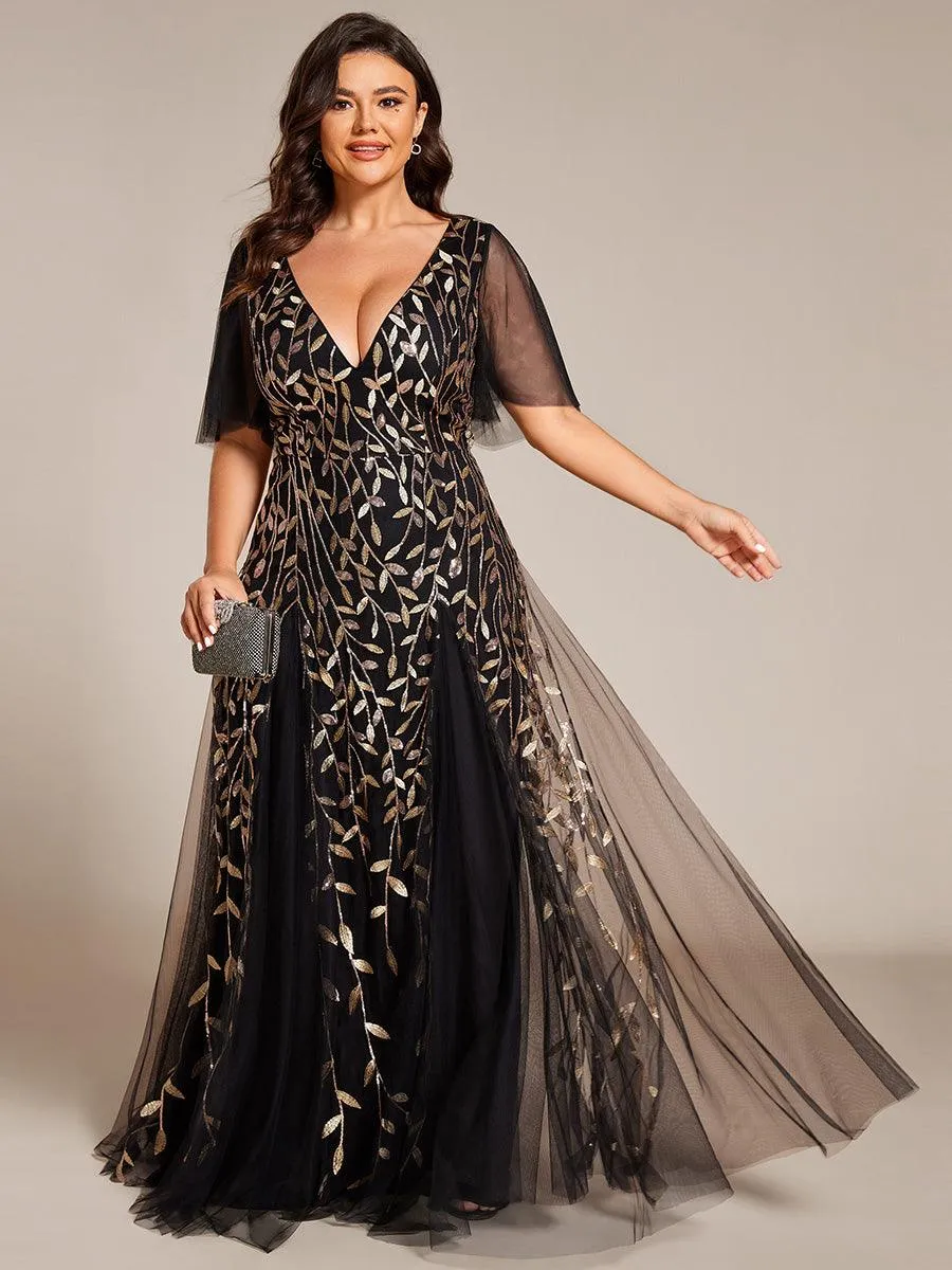 Grande Taille Robe de Soirée Romantique Scintillante à col en V et Manches à Volants