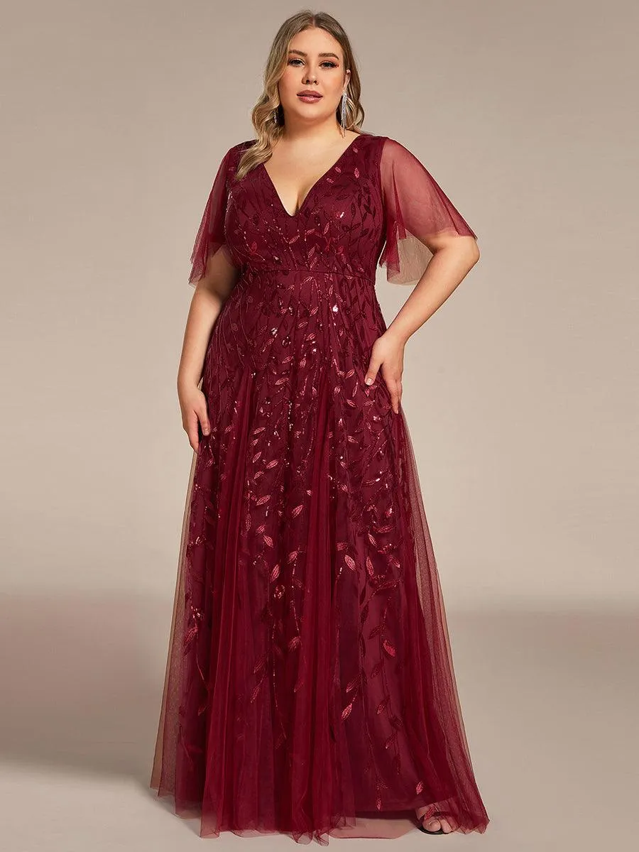 Grande Taille Robe de Soirée Romantique Scintillante à col en V et Manches à Volants