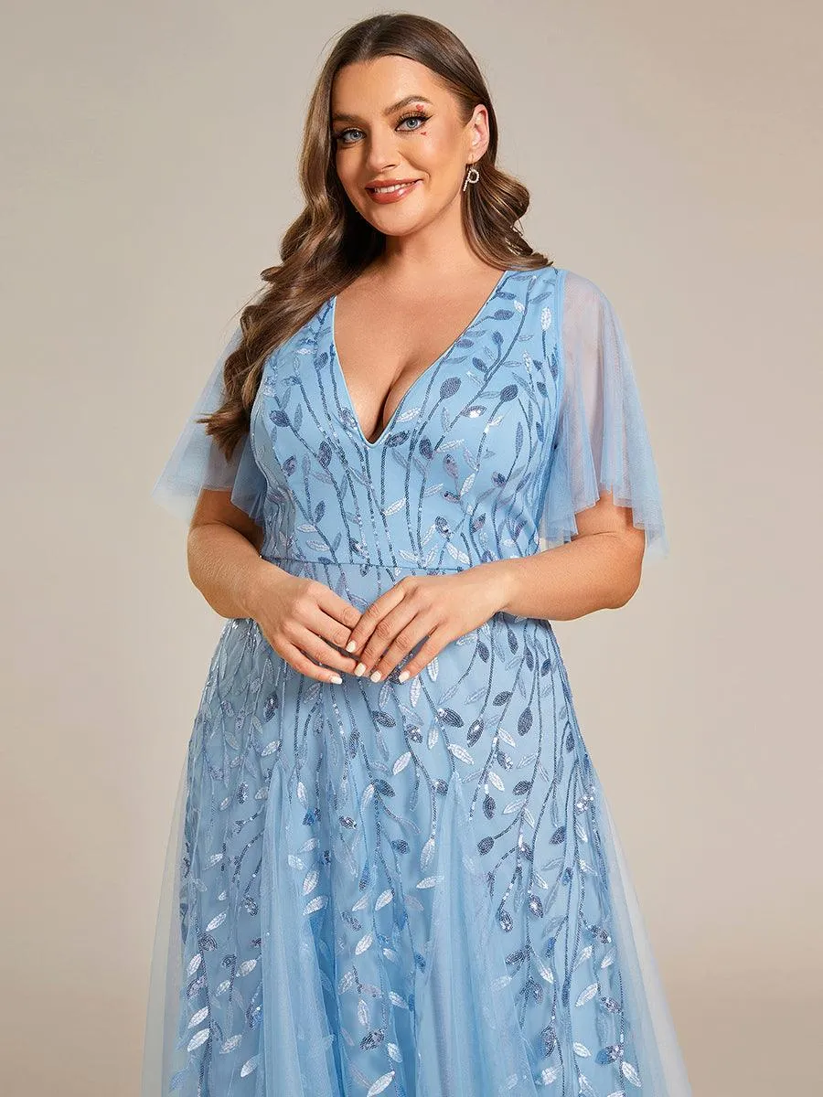 Grande Taille Robe de Soirée Romantique Scintillante à col en V et Manches à Volants
