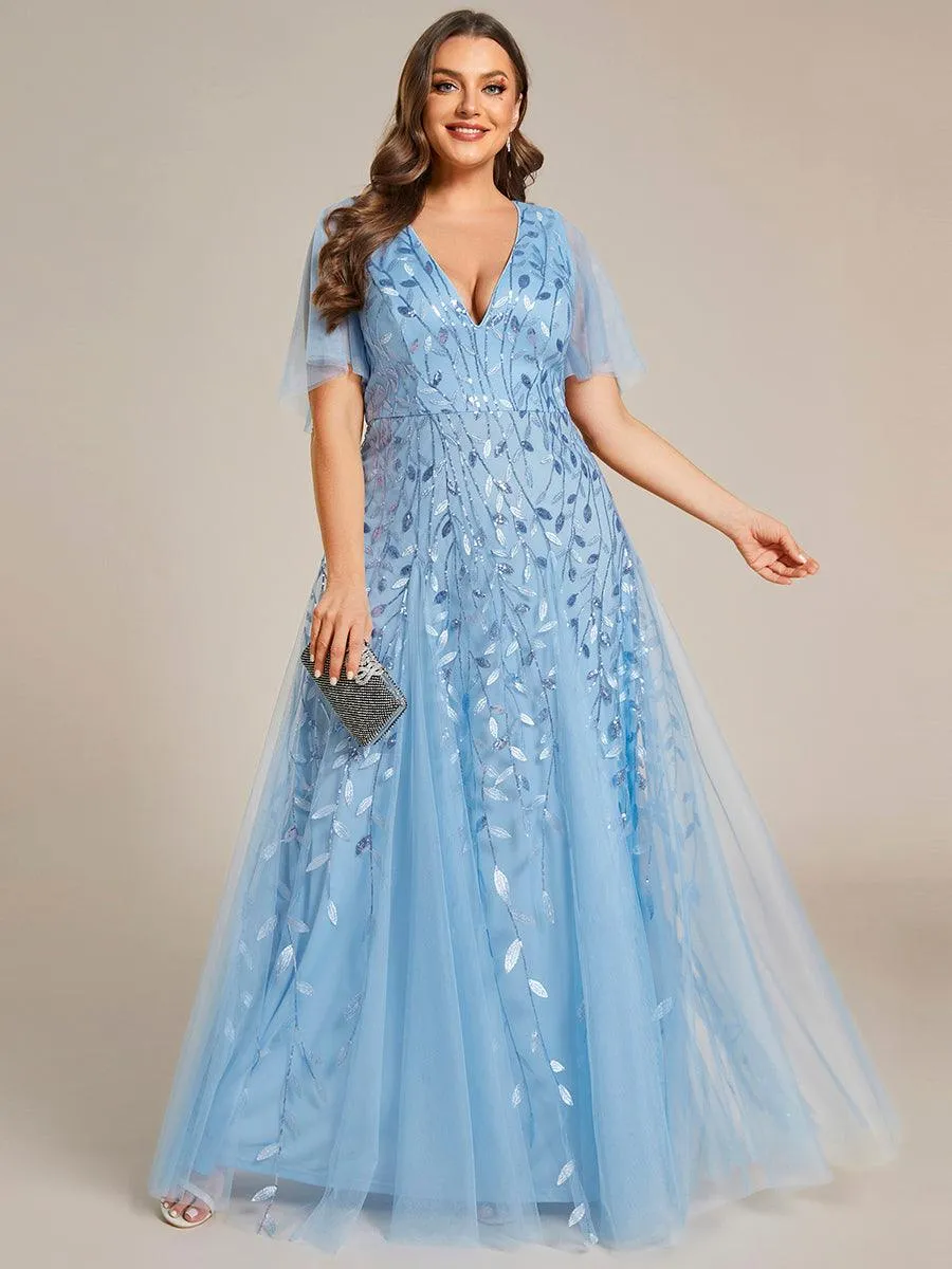 Grande Taille Robe de Soirée Romantique Scintillante à col en V et Manches à Volants