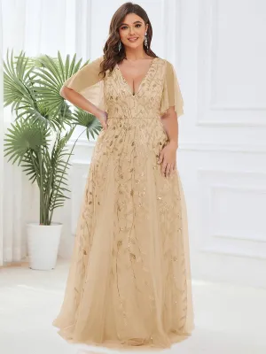 Grande Taille Robe de Soirée Romantique Scintillante à col en V et Manches à Volants