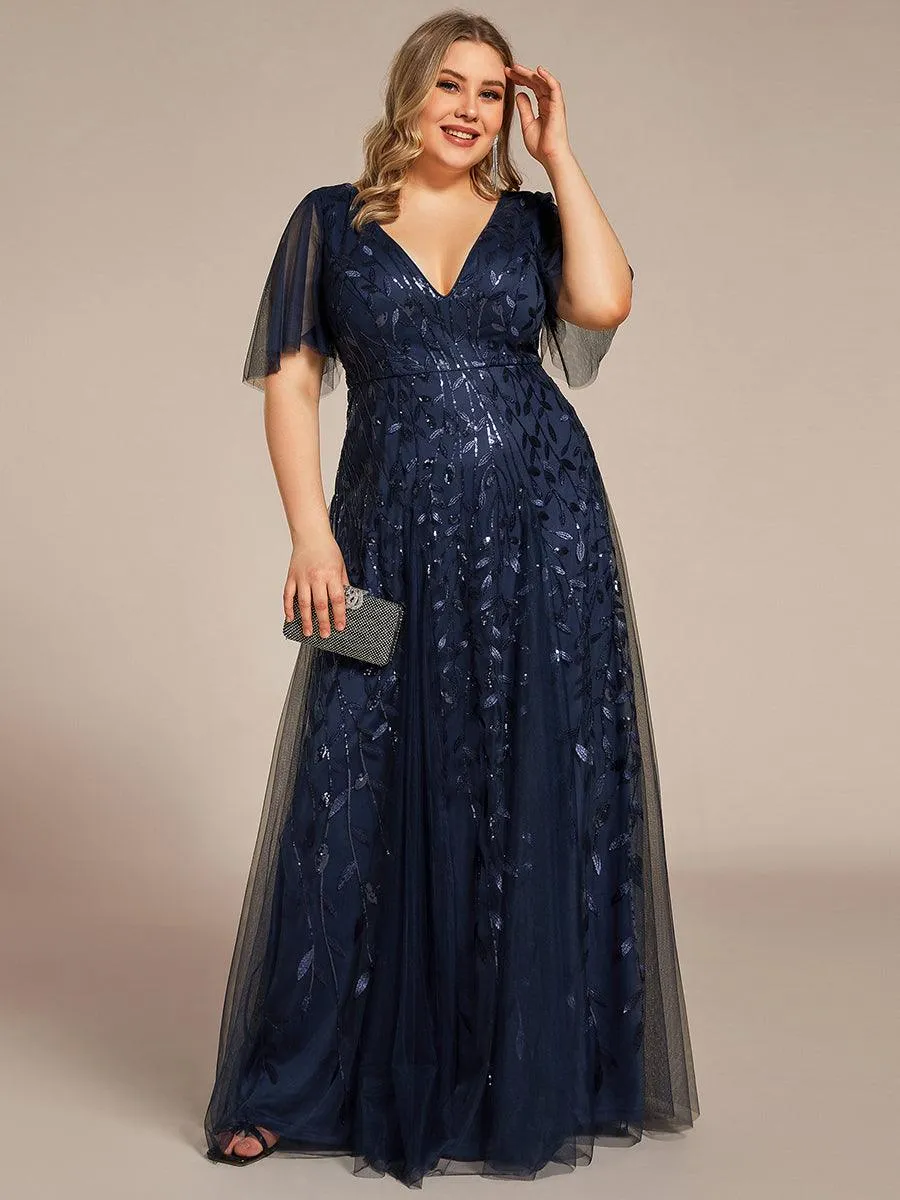 Grande Taille Robe de Soirée Romantique Scintillante à col en V et Manches à Volants