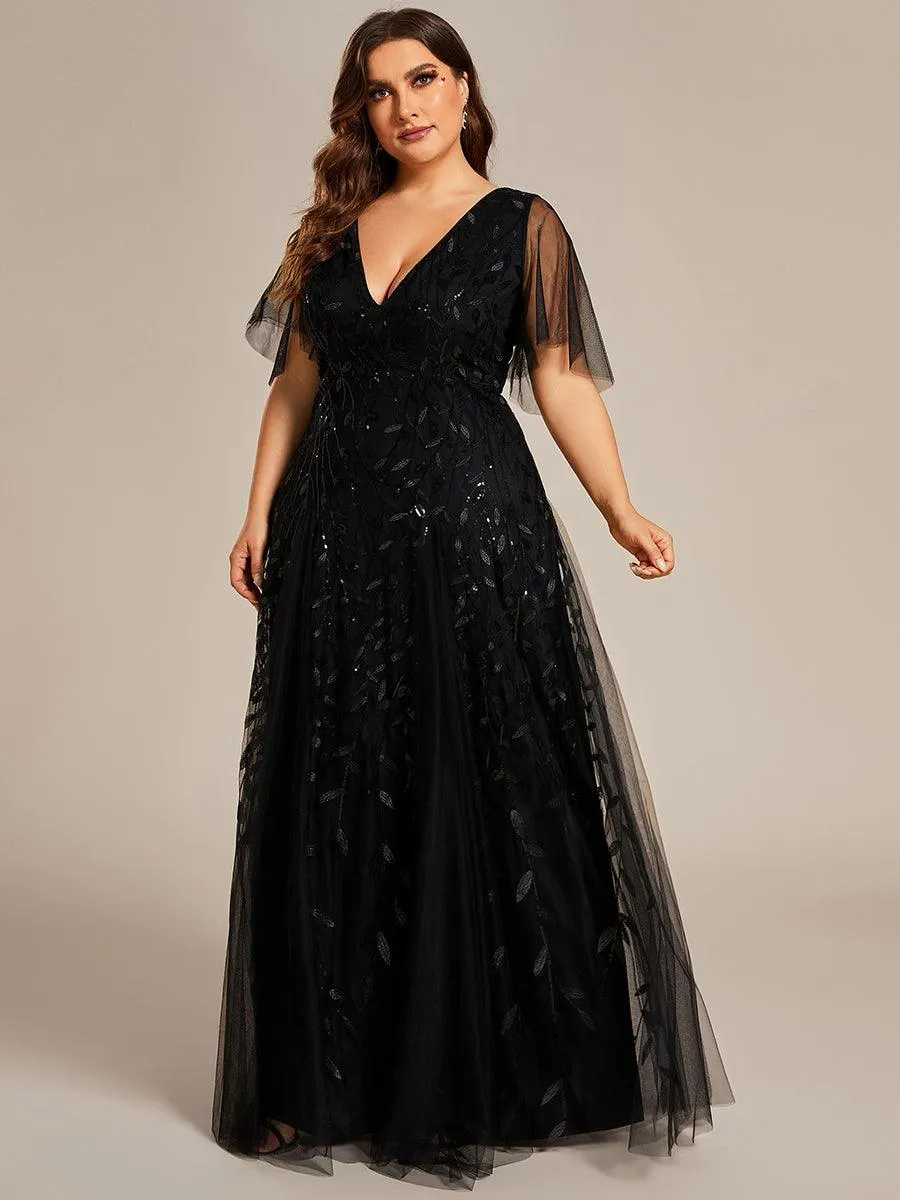 Grande Taille Robe de Soirée Romantique Scintillante à col en V et Manches à Volants