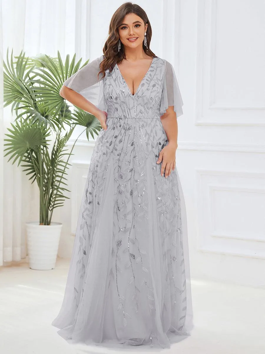 Grande Taille Robe de Soirée Romantique Scintillante à col en V et Manches à Volants