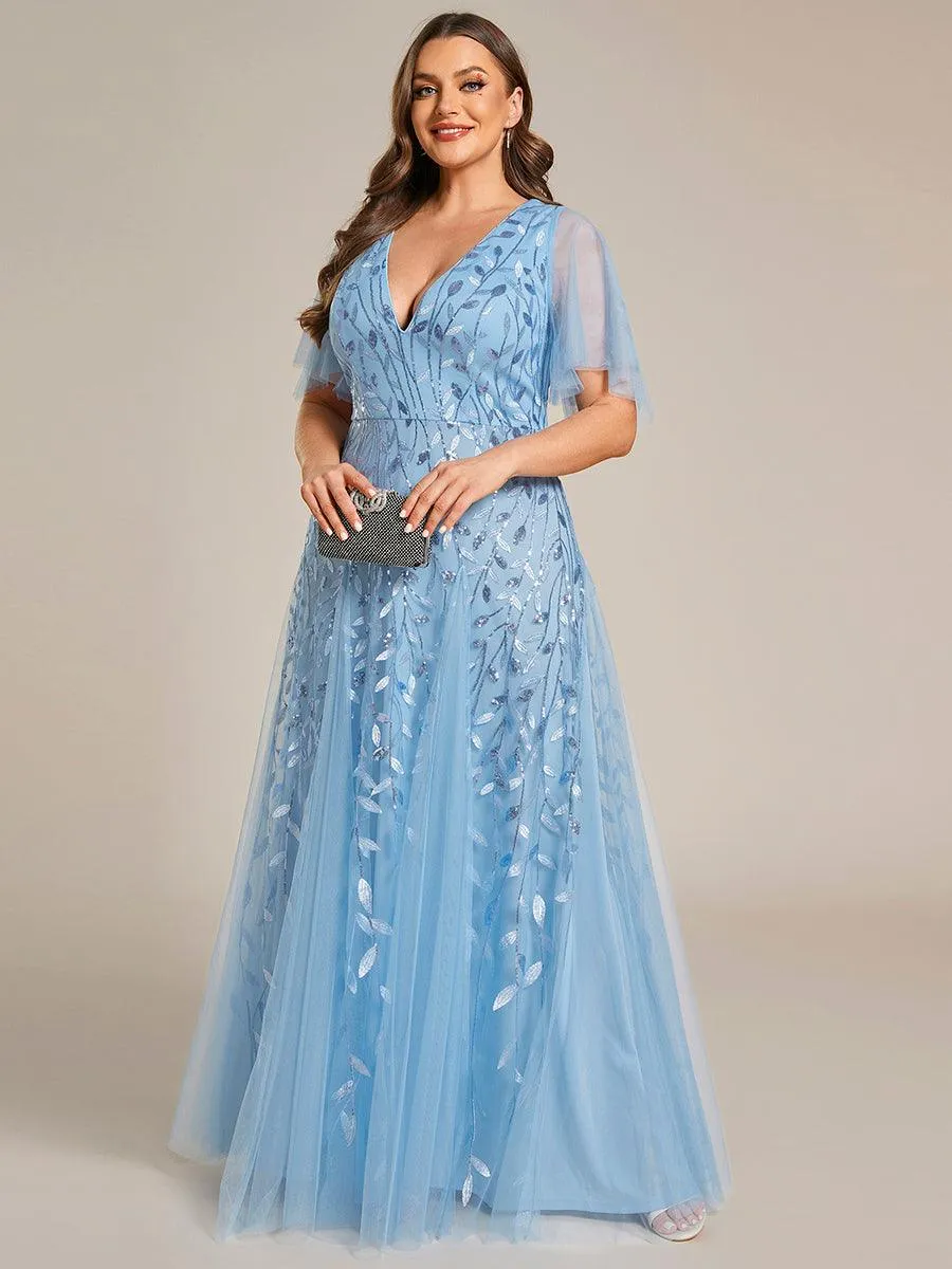 Grande Taille Robe de Soirée Romantique Scintillante à col en V et Manches à Volants