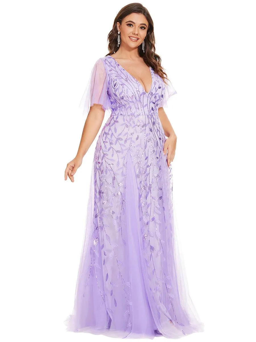 Grande Taille Robe de Soirée Romantique Scintillante à col en V et Manches à Volants