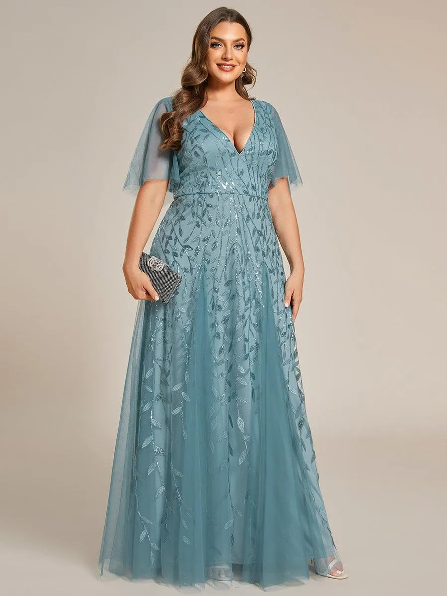 Grande Taille Robe de Soirée Romantique Scintillante à col en V et Manches à Volants