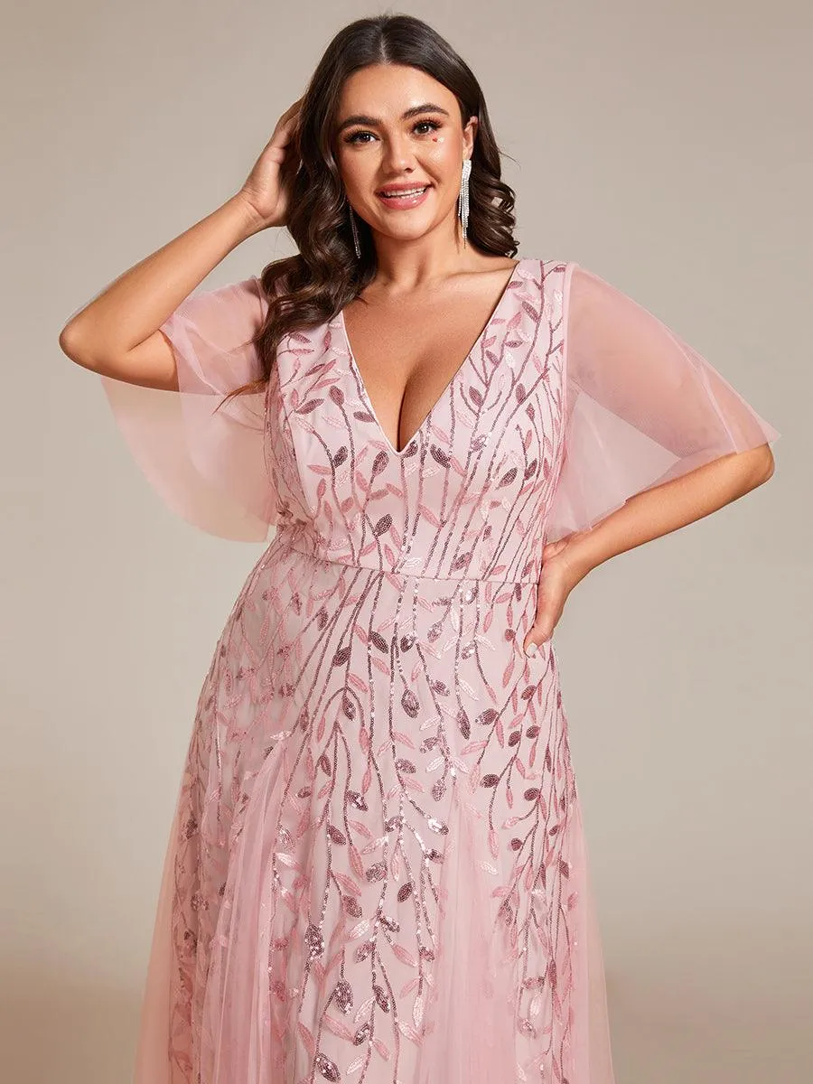 Grande Taille Robe de Soirée Romantique Scintillante à col en V et Manches à Volants