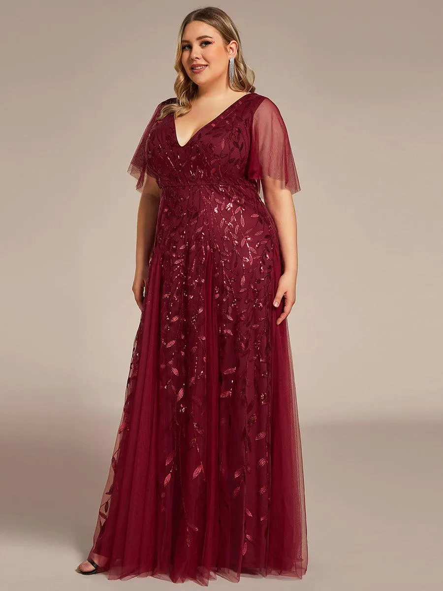 Grande Taille Robe de Soirée Romantique Scintillante à col en V et Manches à Volants