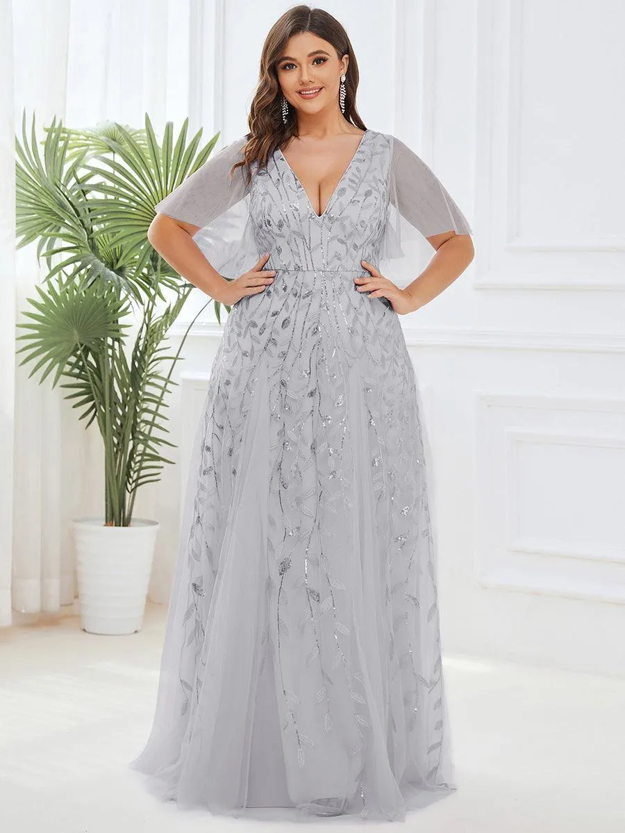 Grande Taille Robe de Soirée Romantique Scintillante à col en V et Manches à Volants