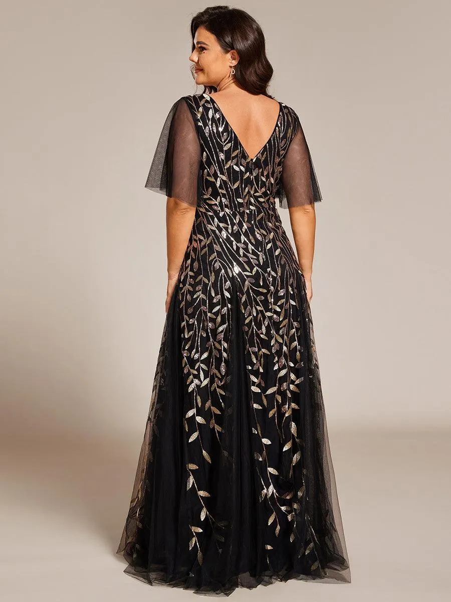 Grande Taille Robe de Soirée Romantique Scintillante à col en V et Manches à Volants