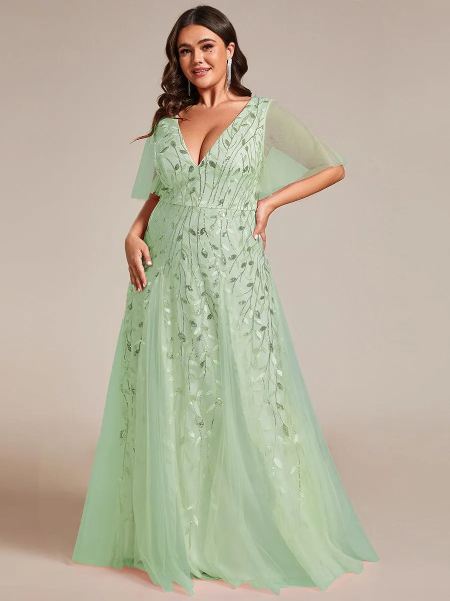 Grande Taille Robe de Soirée Romantique Scintillante à col en V et Manches à Volants