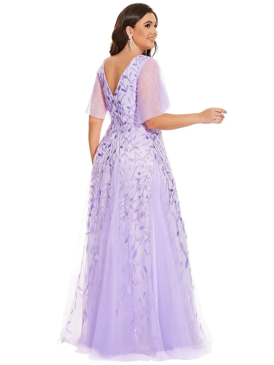 Grande Taille Robe de Soirée Romantique Scintillante à col en V et Manches à Volants