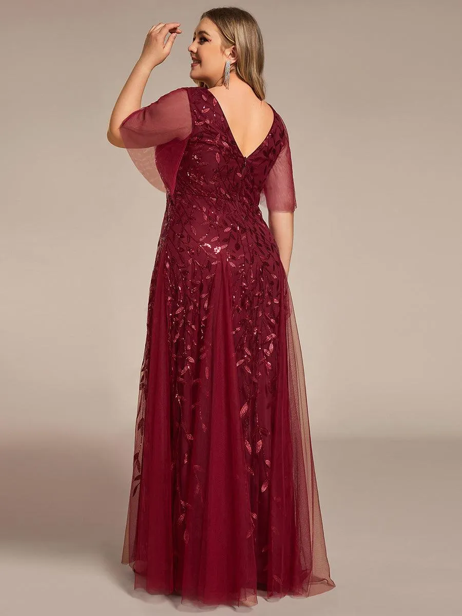 Grande Taille Robe de Soirée Romantique Scintillante à col en V et Manches à Volants