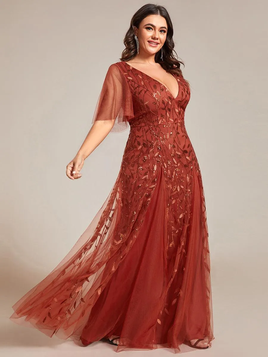Grande Taille Robe de Soirée Romantique Scintillante à col en V et Manches à Volants