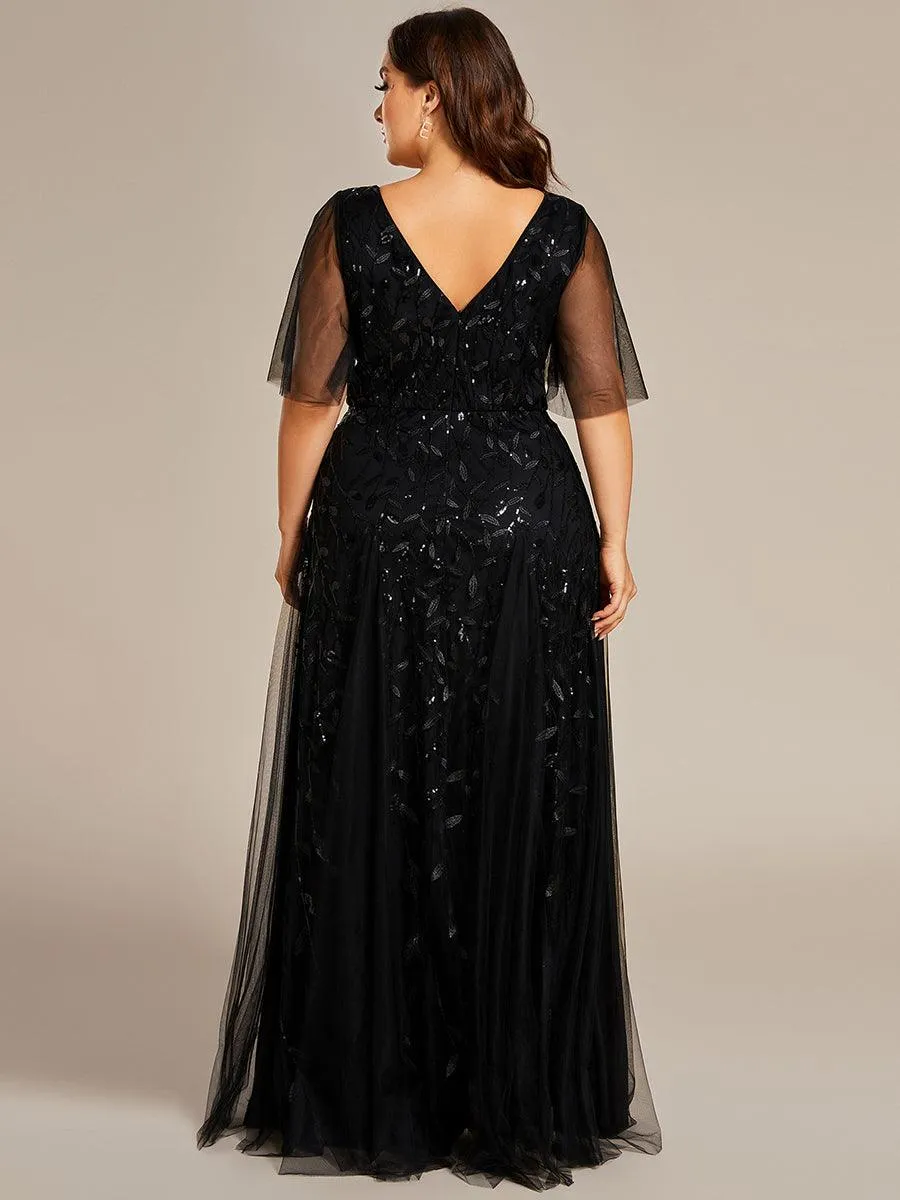 Grande Taille Robe de Soirée Romantique Scintillante à col en V et Manches à Volants
