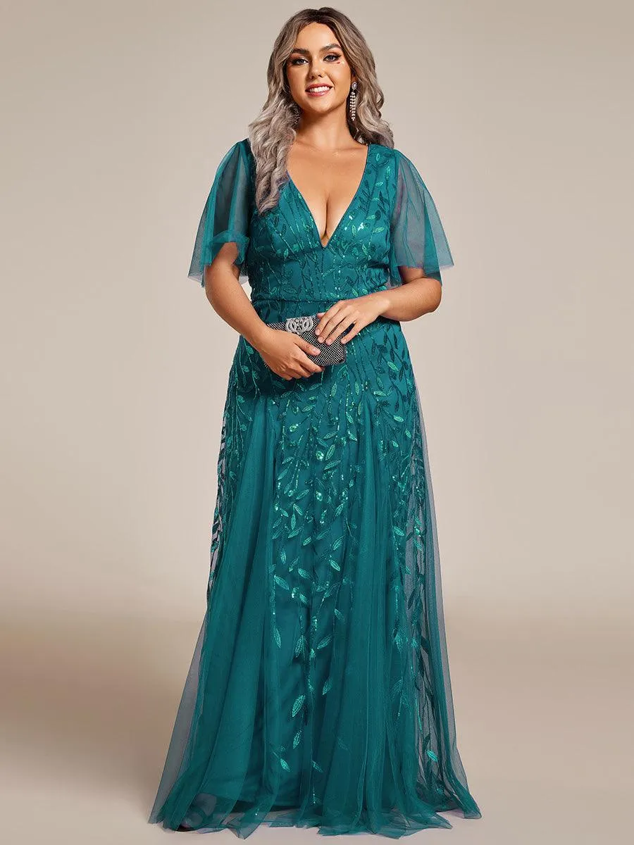 Grande Taille Robe de Soirée Romantique Scintillante à col en V et Manches à Volants