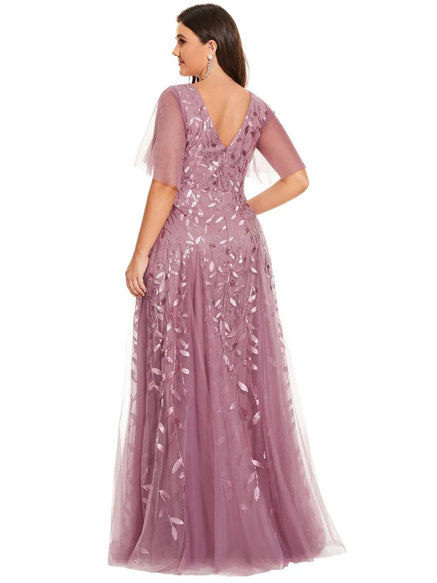 Grande Taille Robe de Soirée Romantique Scintillante à col en V et Manches à Volants