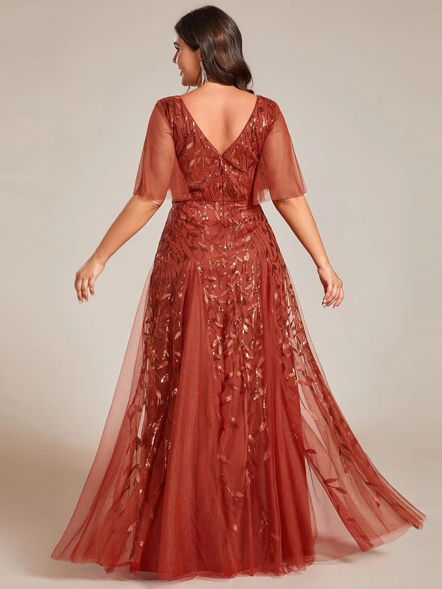 Grande Taille Robe de Soirée Romantique Scintillante à col en V et Manches à Volants