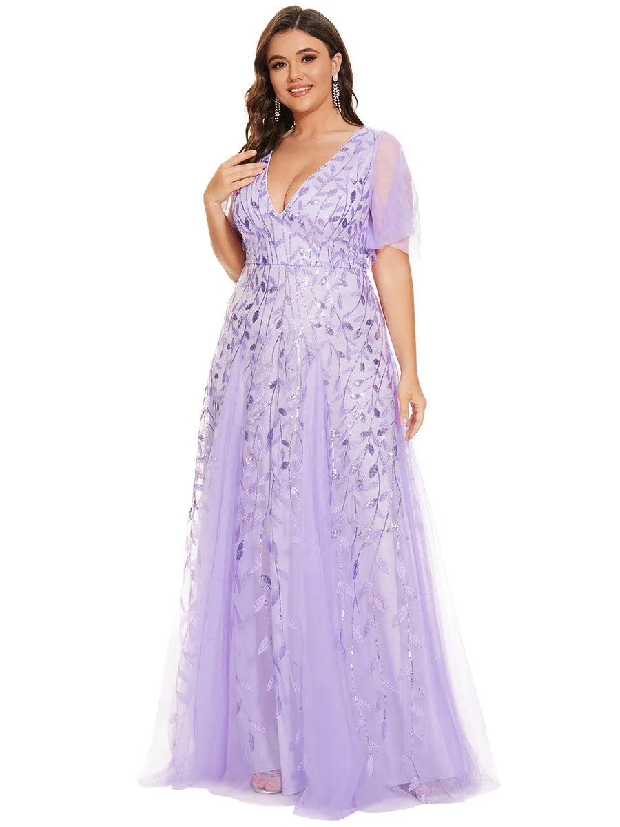 Grande Taille Robe de Soirée Romantique Scintillante à col en V et Manches à Volants