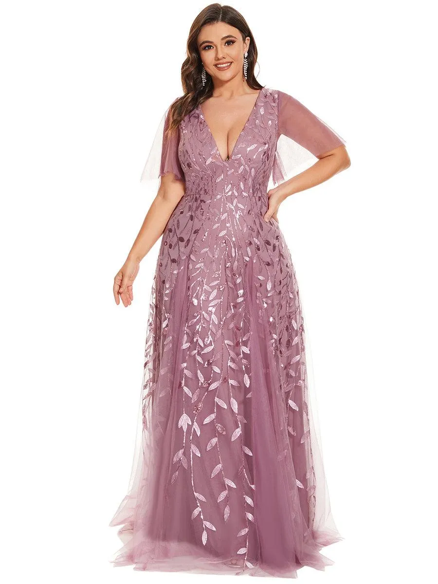 Grande Taille Robe de Soirée Romantique Scintillante à col en V et Manches à Volants