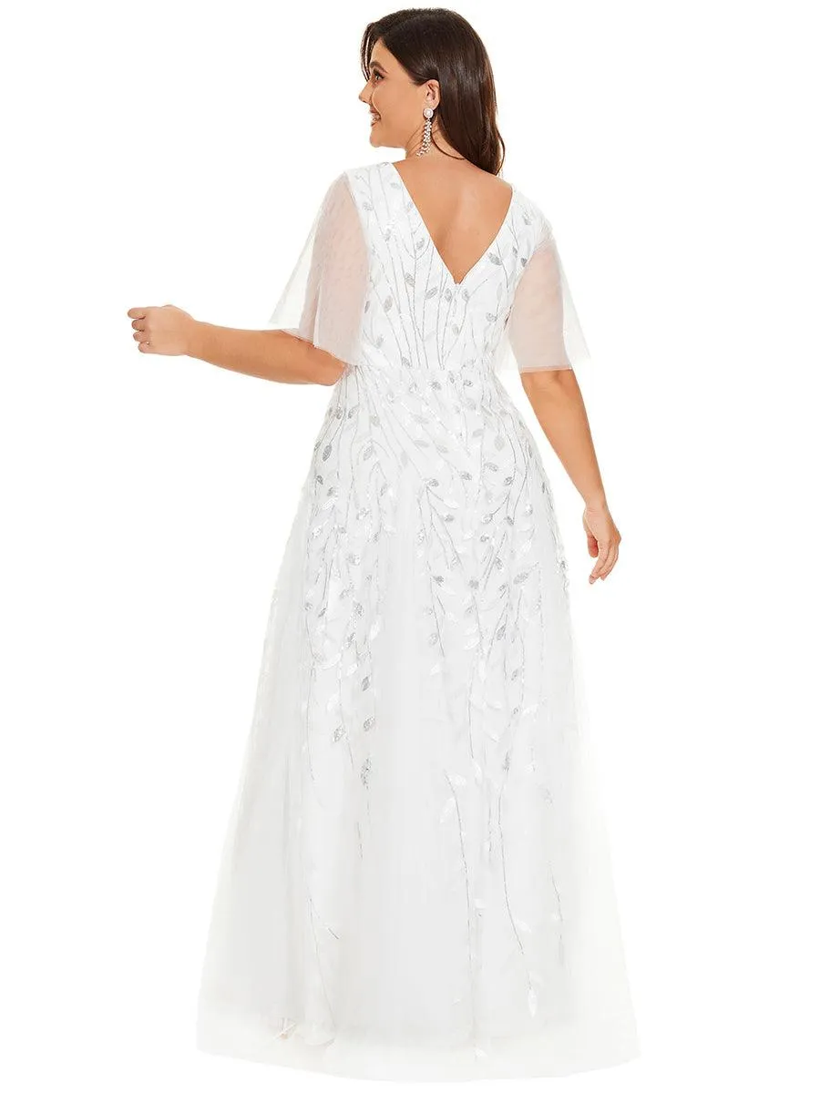Grande Taille Robe de Soirée Romantique Scintillante à col en V et Manches à Volants
