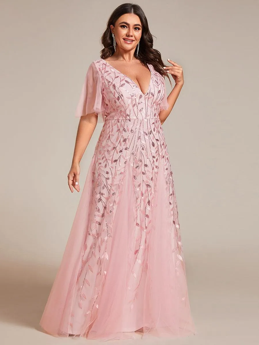 Grande Taille Robe de Soirée Romantique Scintillante à col en V et Manches à Volants