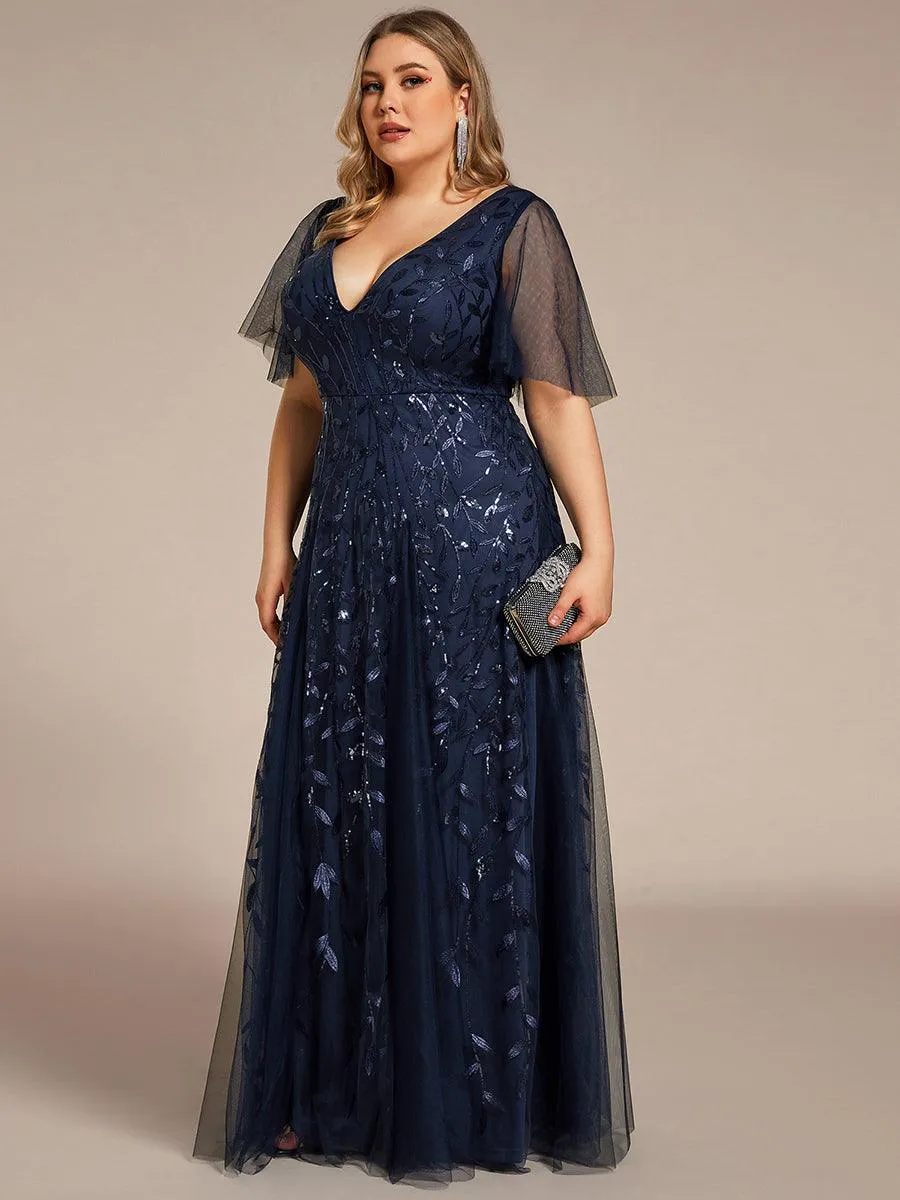 Grande Taille Robe de Soirée Romantique Scintillante à col en V et Manches à Volants