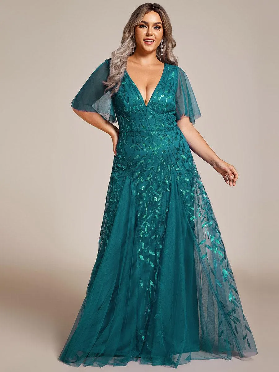 Grande Taille Robe de Soirée Romantique Scintillante à col en V et Manches à Volants