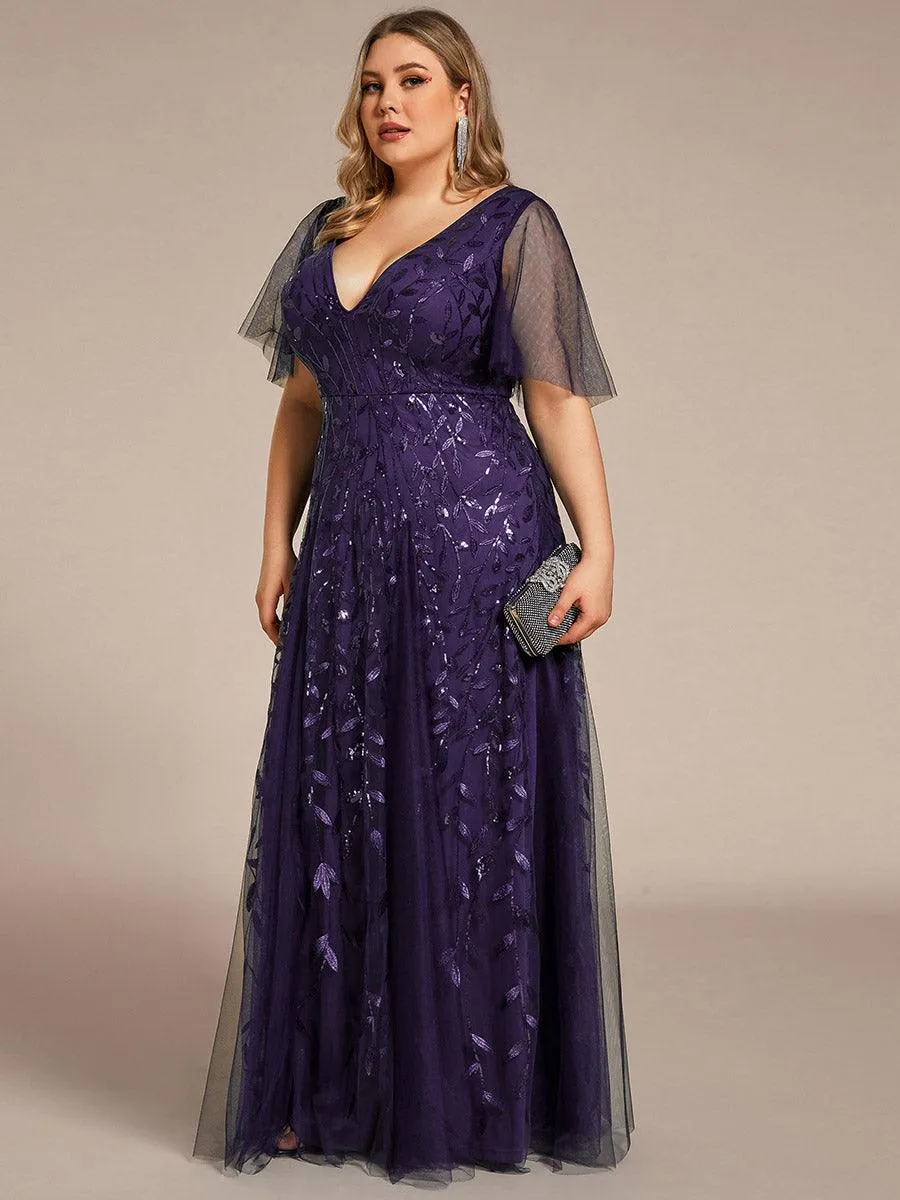 Grande Taille Robe de Soirée Romantique Scintillante à col en V et Manches à Volants