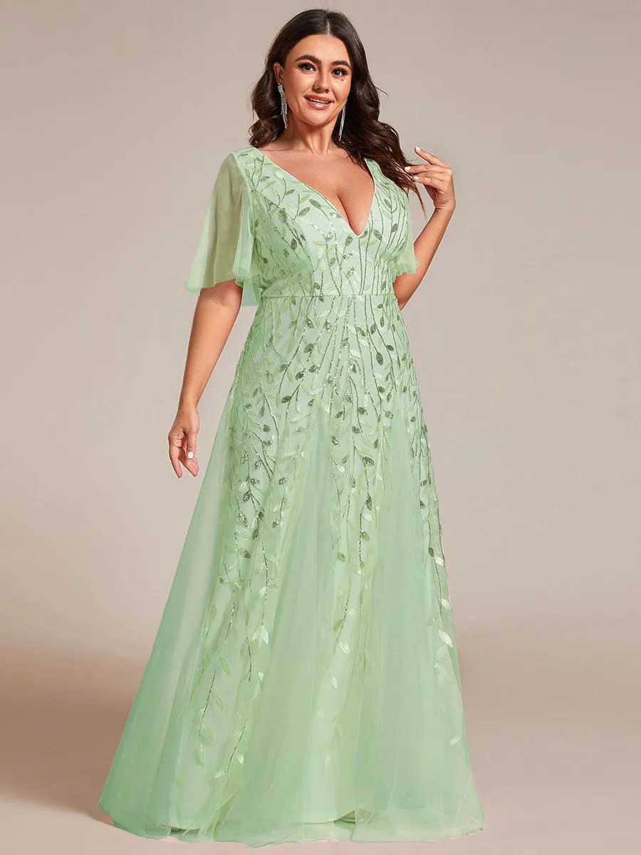 Grande Taille Robe de Soirée Romantique Scintillante à col en V et Manches à Volants